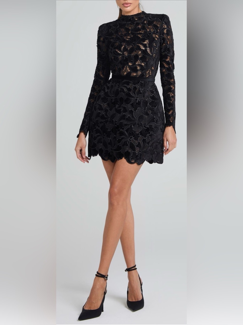 NADINE MERABI Lydia Long Sleeve Black Lace Overlay Cocktail Mini Dress